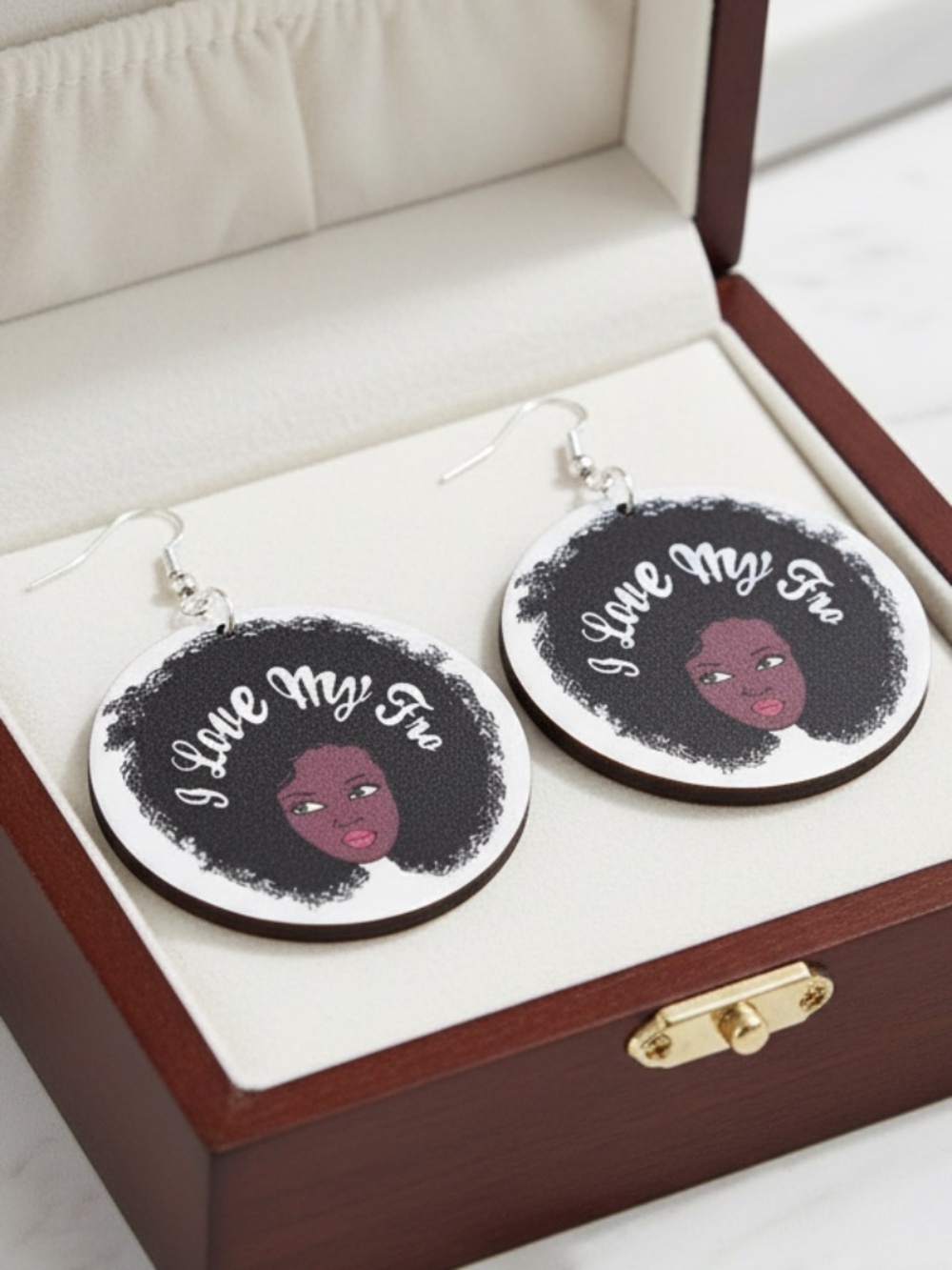 Womens Round Wood Afro Dangle Earrings